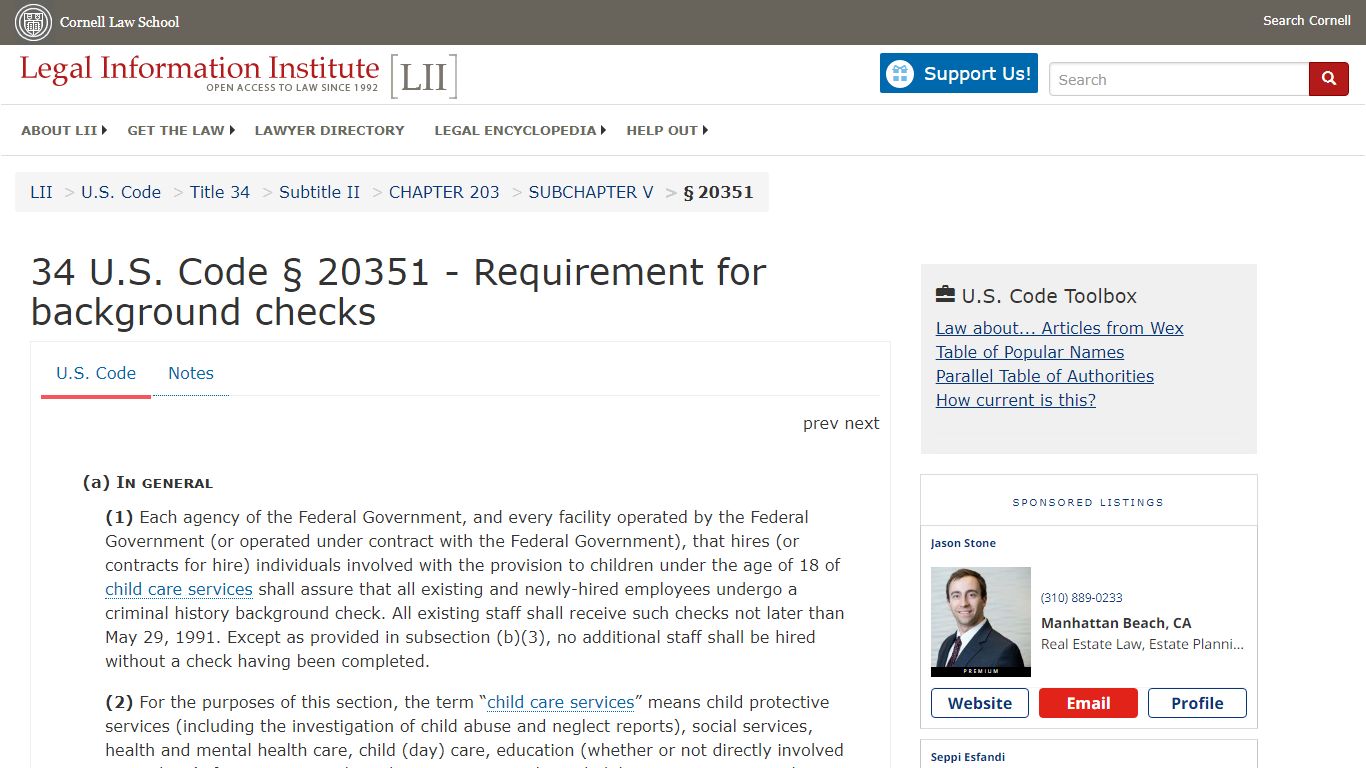 34 U.S. Code § 20351 - Requirement for background checks